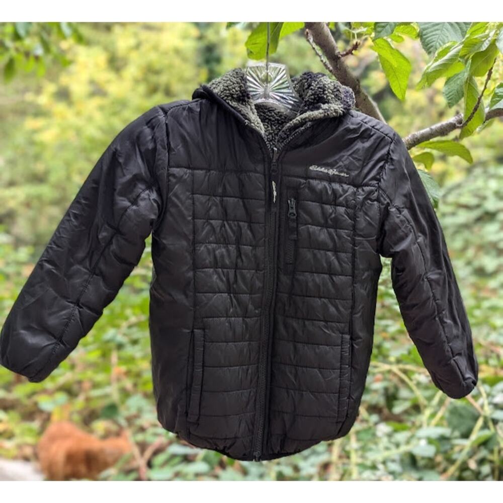 Eddie Bauer boys reversible jacket faux fur puffer coat black and Camo XS (5/6)